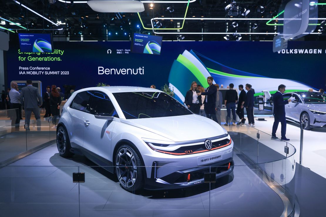 A VW ID. GTI Concept electric vehicle on the Volkswagen AG stand during the media day for the Munich Motor Show (IAA) in Munich, Germany, on Monday, Sept. 4, 2023. The biennial motor show, one of Europe's most important automotive events, opens on Tuesday, Sept. 5, with the future of the car industry in the balance. Photographer: Krisztian Bocsi/Bloomberg via Getty Images