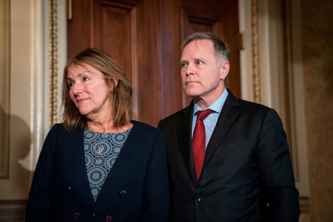 Cindy and Fred Warmbier, parents of Otto Warmbier, who died after being held prisoner in North Korea, participate in a press conference with a bipartisan group of Senators regarding S.667, the 