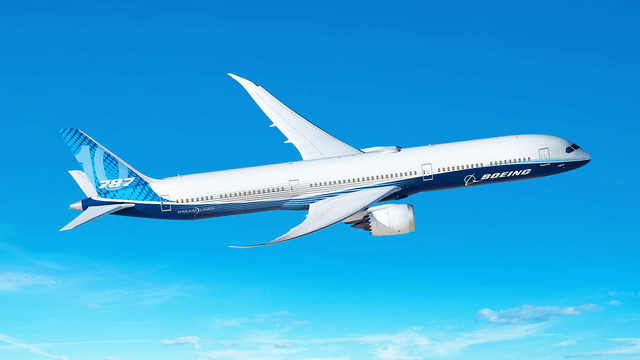 This image shows a Boeing 787 commercial airplane flying with blue skies in the background.